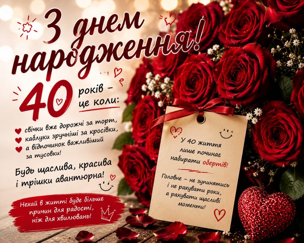 Прикольні привітання з 40 річчям жінці своїми словами, смішні картинки та красиві листівки