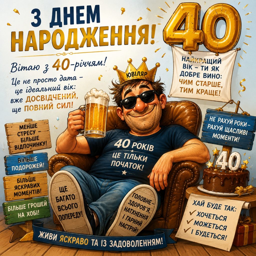 Прикольні привітання з 40 річчям чоловіку своїми словами та картинки