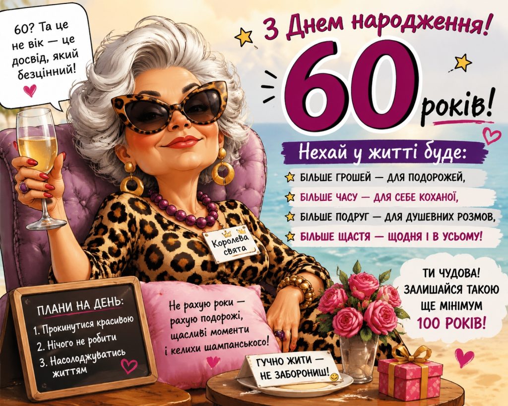Привітання з 60 річчям жінці своїми словами: красиві, щирі, прикольні побажання до ювілею та листівки